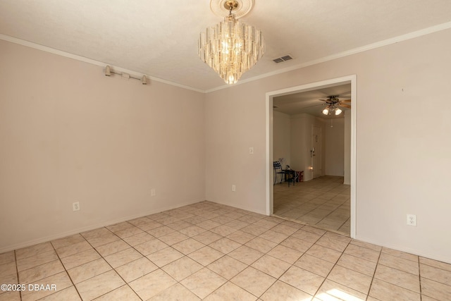 tiled empty room featuring ceiling fan with notable chandelier and crown molding