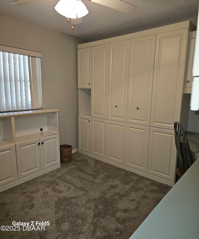 interior space featuring dark carpet and a textured ceiling