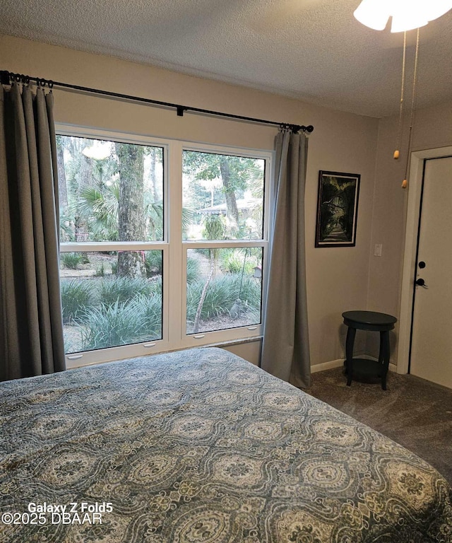 carpeted bedroom with a textured ceiling