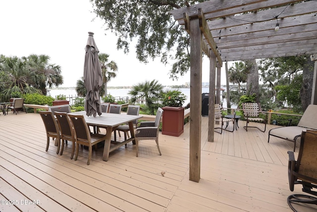 6 Rosalyn Lndg, Daytona Beach, FL 32118 - wooden terrace featuring a pergola, outdoor dining area, and a water view