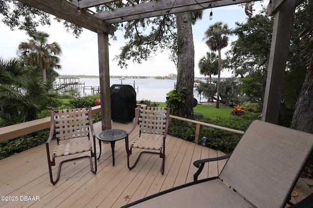 6 Rosalyn Lndg, Daytona Beach, FL 32118 - wooden deck featuring a water view, grilling area, and a pergola