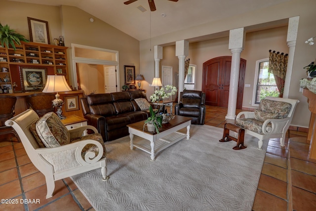 6 Rosalyn Lndg, Daytona Beach, FL 32118 - living area featuring decorative columns, ceiling fan, tile patterned floors, and high vaulted ceiling