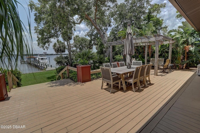 6 Rosalyn Lndg, Daytona Beach, FL 32118 - wooden terrace featuring a pergola, outdoor dining space, and a water view