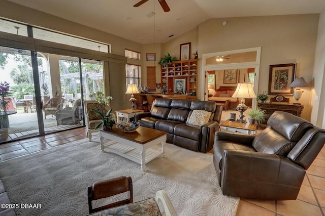 6 Rosalyn Lndg, Daytona Beach, FL 32118 - living area featuring ceiling fan, tile patterned floors, and high vaulted ceiling