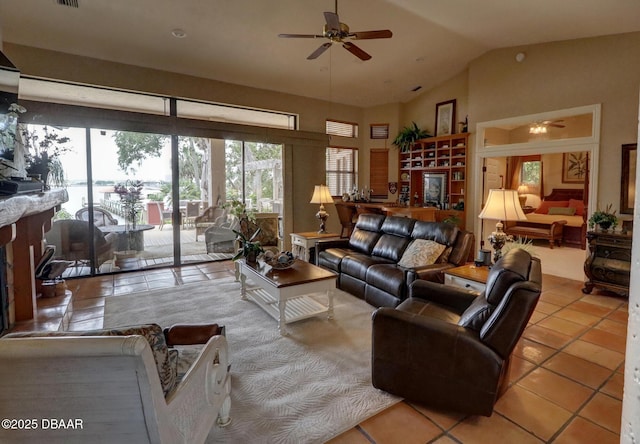 6 Rosalyn Lndg, Daytona Beach, FL 32118 - living room with ceiling fan, tile patterned floors, and high vaulted ceiling
