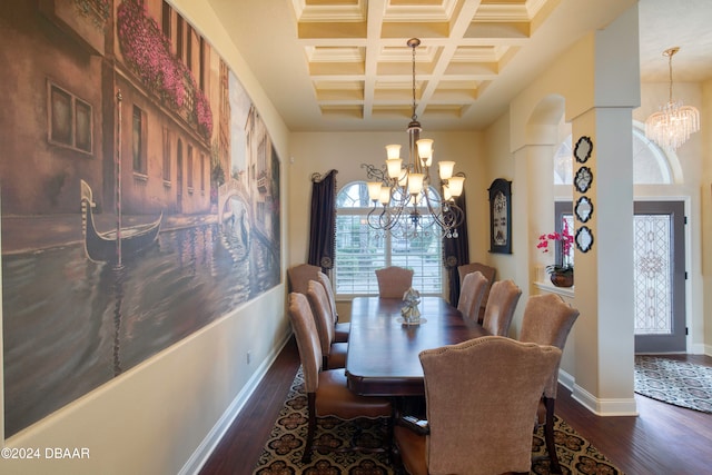 dining area featuring dark hardwood / wood-style floors, beam ceiling, a notable chandelier, and coffered ceiling