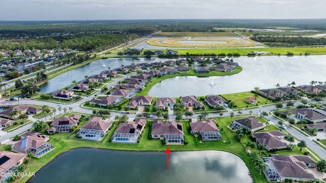 drone / aerial view featuring a water view