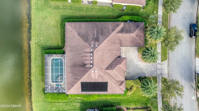 drone / aerial view featuring a water view