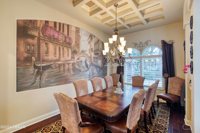 dining space featuring ornamental molding, beam ceiling, coffered ceiling, a notable chandelier, and dark wood-type flooring