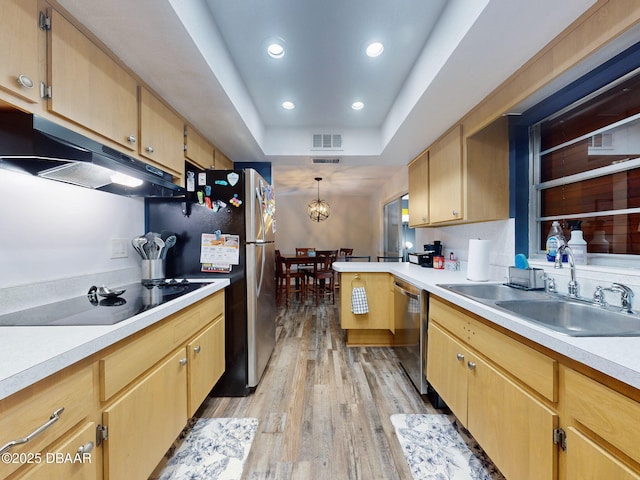 kitchen featuring hanging light fixtures, stainless steel appliances, light countertops, under cabinet range hood, and a sink