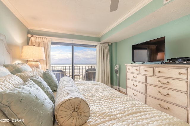 bedroom with access to outside, ceiling fan, and crown molding