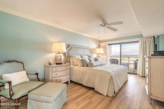 bedroom featuring access to exterior, ceiling fan, light hardwood / wood-style flooring, and ornamental molding