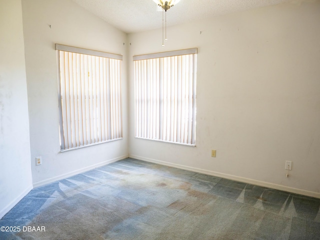 empty room featuring carpet floors, vaulted ceiling, and a textured ceiling