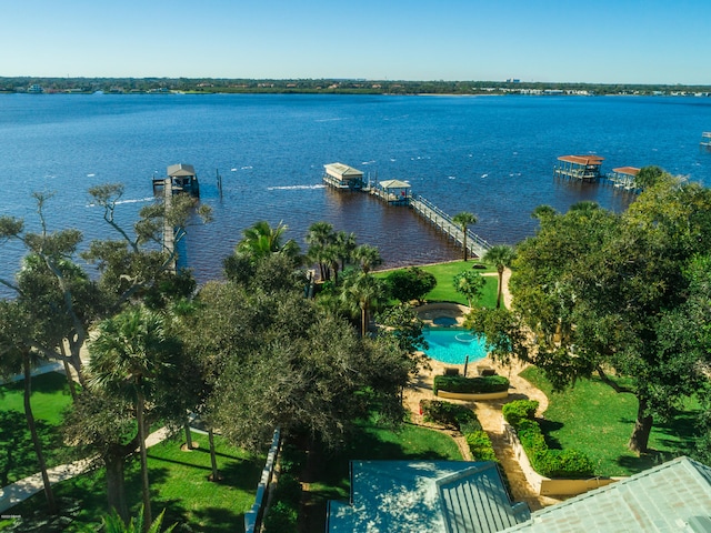 birds eye view of property featuring a water view