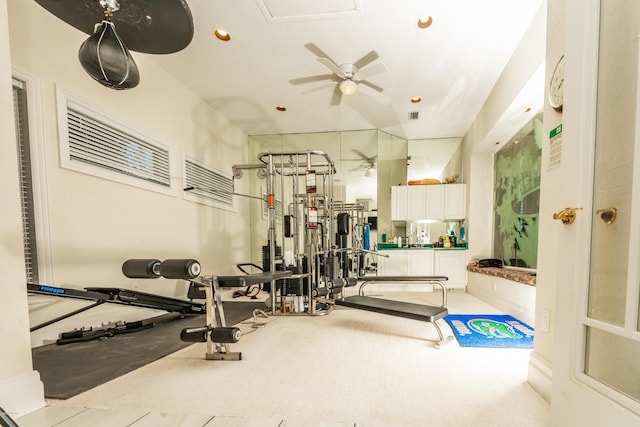 workout area featuring ceiling fan