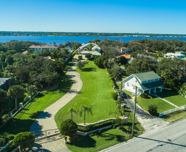 drone / aerial view with a water view