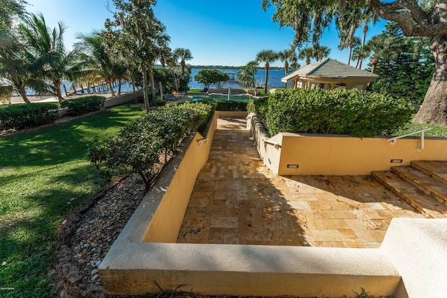 view of yard with a water view