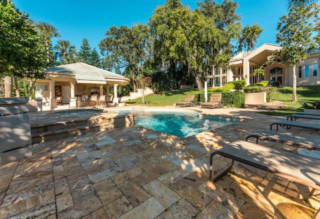 view of swimming pool with a patio