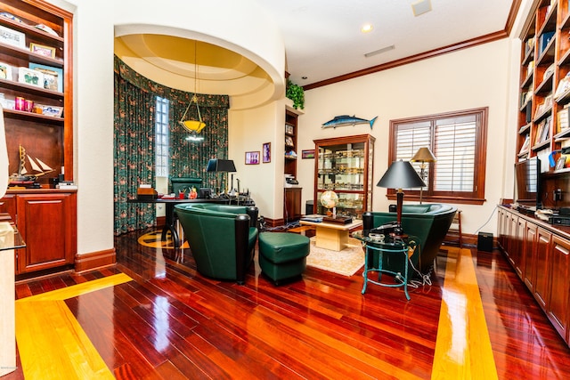 interior space featuring dark hardwood / wood-style floors and ornamental molding