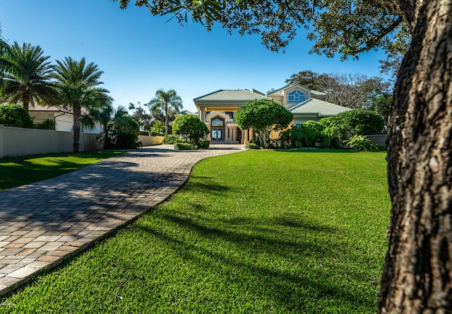 view of property hidden behind natural elements featuring a front yard