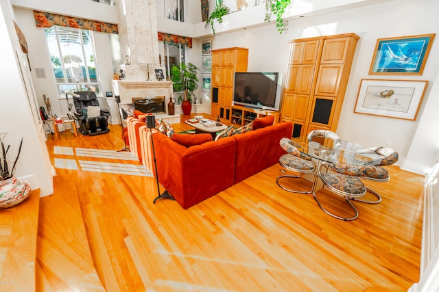 living room featuring a high ceiling and light hardwood / wood-style flooring