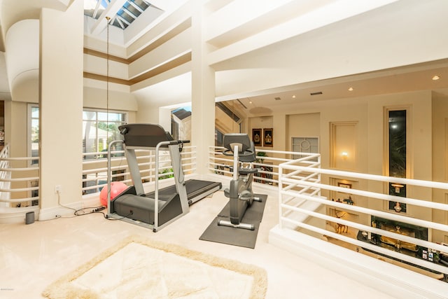 exercise room with a high ceiling