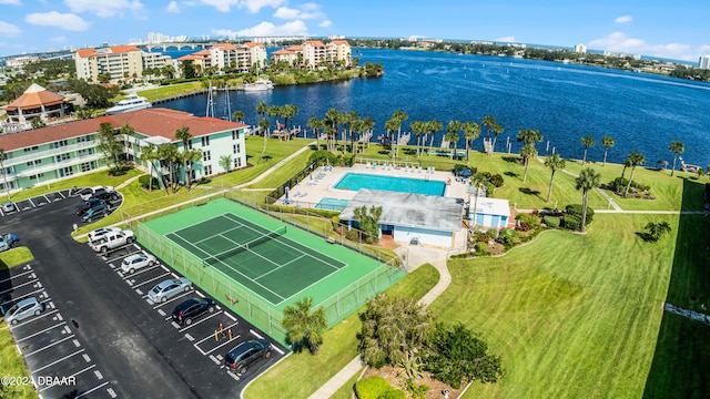 aerial view featuring a water view