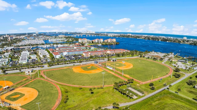 drone / aerial view with a water view