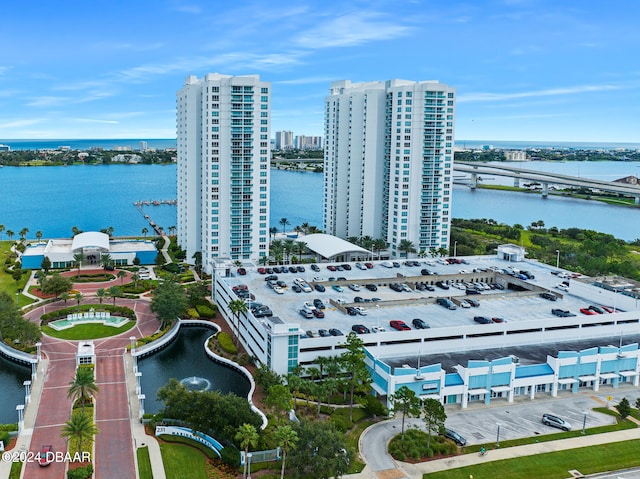 drone / aerial view with a water view