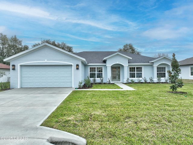 single story home with stucco siding, driveway, a shingled roof, a front yard, and an attached garage