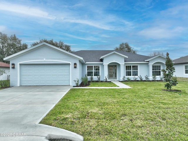 single story home with a front lawn, roof with shingles, stucco siding, driveway, and an attached garage