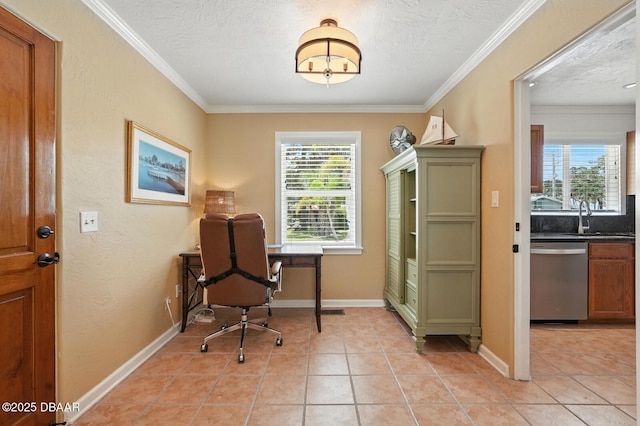 1146 Riverside Dr, Holly Hill, FL 32117 - office space featuring crown molding, a textured ceiling, and light tile patterned flooring