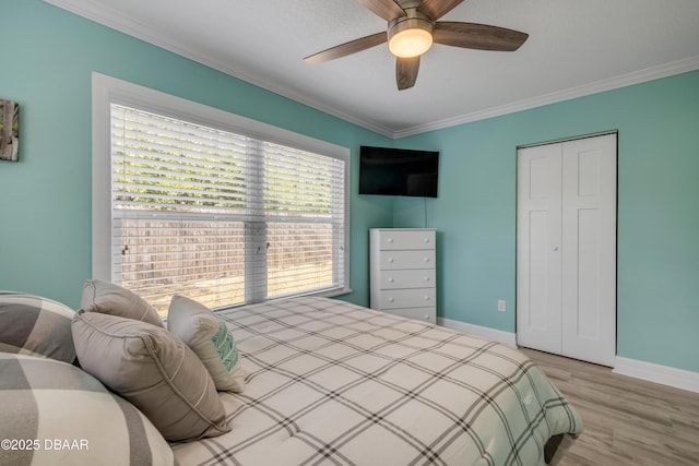 bedroom featuring crown molding, a ceiling fan, baseboards, wood finished floors, and a closet