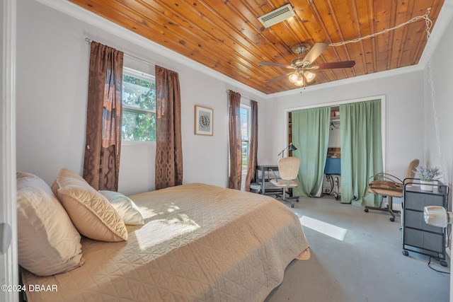 bedroom featuring ornamental molding, wooden ceiling, visible vents, and a ceiling fan