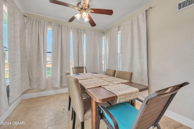 dining space featuring visible vents, ceiling fan, and baseboards