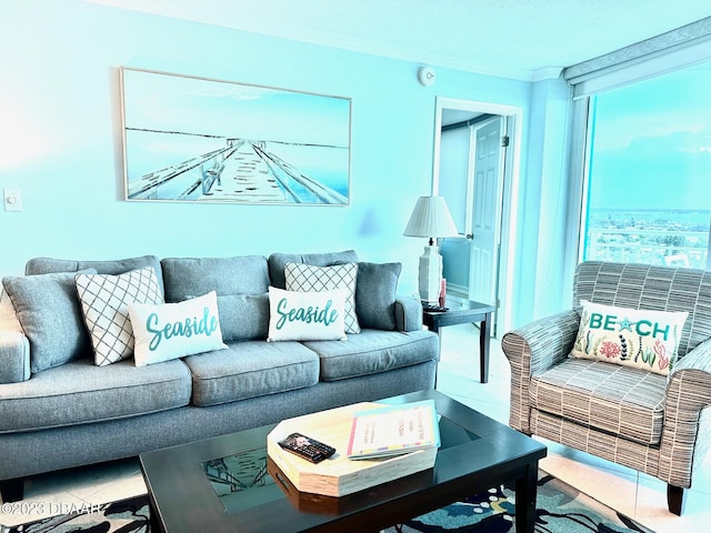 living room featuring tile patterned flooring and crown molding