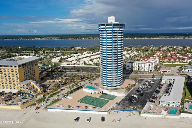 drone / aerial view featuring a water view