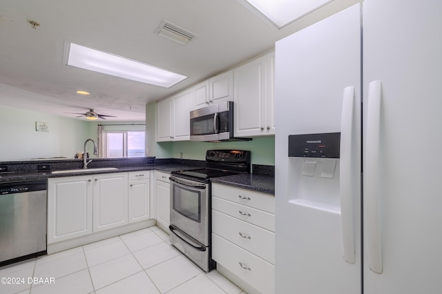 kitchen featuring ceiling fan, sink, white cabinetry, and stainless steel appliances