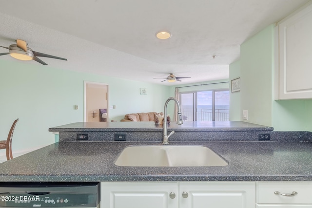 kitchen with white cabinets, ceiling fan, dishwasher, and sink