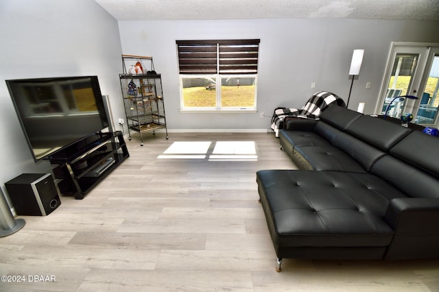 living room with a textured ceiling, light hardwood / wood-style flooring, and a wealth of natural light