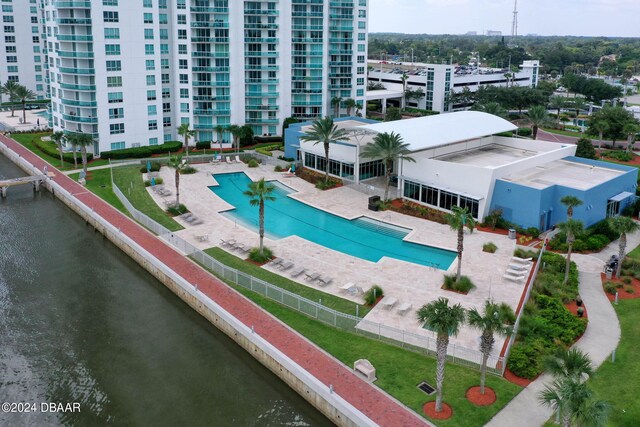 231 Riverside Dr Unit 1803-1, Daytona Beach, FL 32117 - aerial view of a pool and a nearby body of water