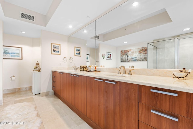 231 Riverside Dr Unit 1803-1, Daytona Beach, FL 32117 - full bathroom featuring a stall shower, recessed lighting, double vanity, baseboards, and tile patterned flooring
