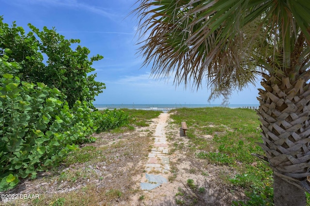 view of yard with a water view and a view of the beach