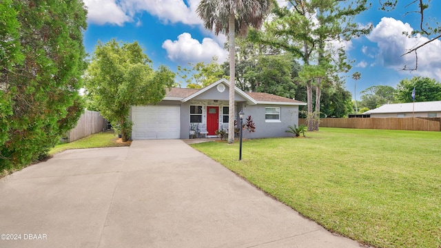 ranch-style home with a front yard and a garage