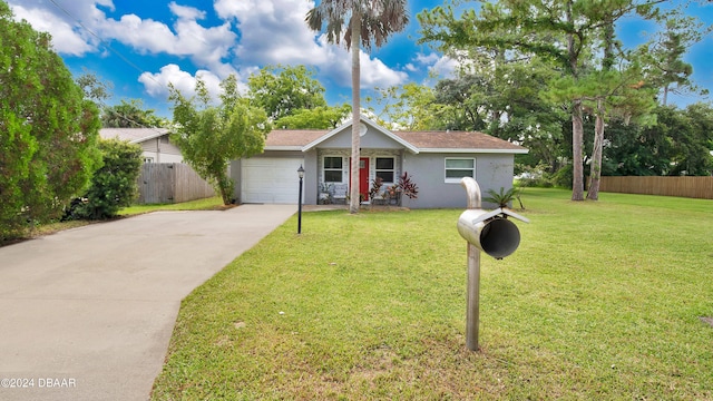 ranch-style house with a front lawn and a garage