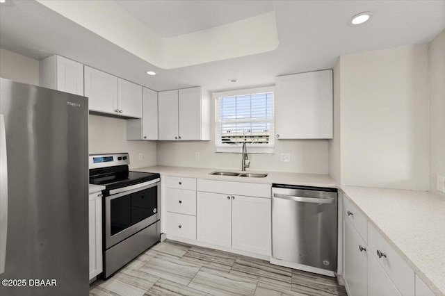 kitchen featuring white cabinetry, appliances with stainless steel finishes, sink, and a tray ceiling