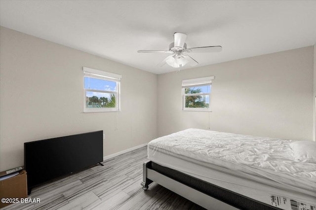 bedroom featuring ceiling fan and light hardwood / wood-style flooring