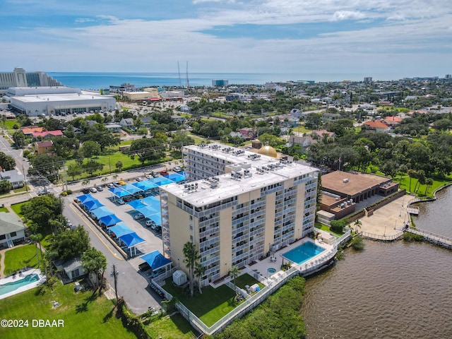 aerial view featuring a water view