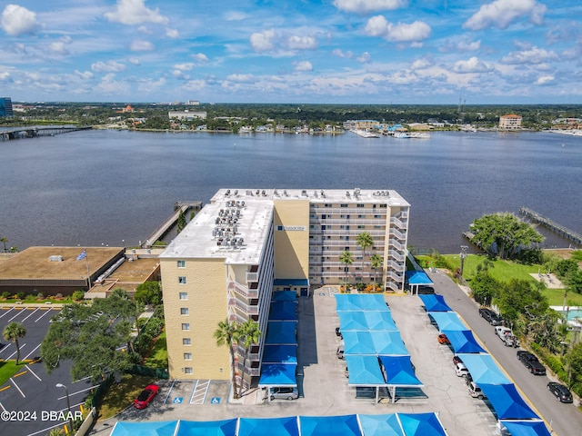 aerial view featuring a water view