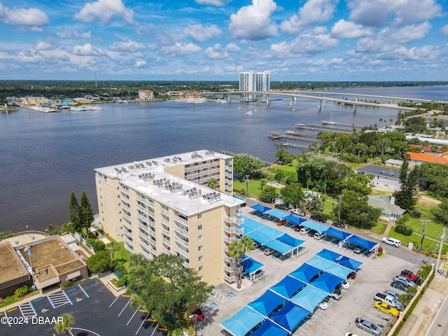 drone / aerial view featuring a water view